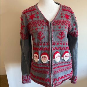 Festive Gray and Red Santa Cardigan embroidered sweater  Sz lrg